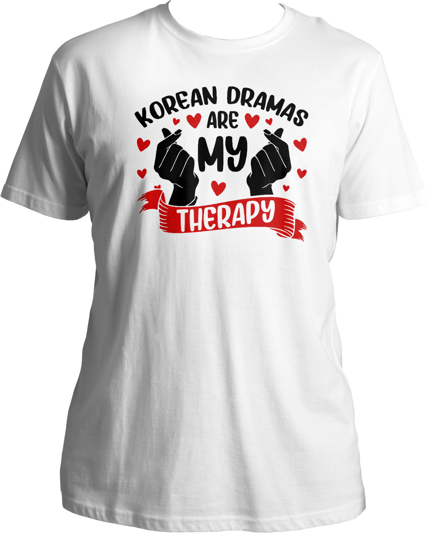 A stylish unisex t-shirt with the phrase "Korean Dramas Are My Therapy" printed on the front, perfect for K-Drama enthusiasts.