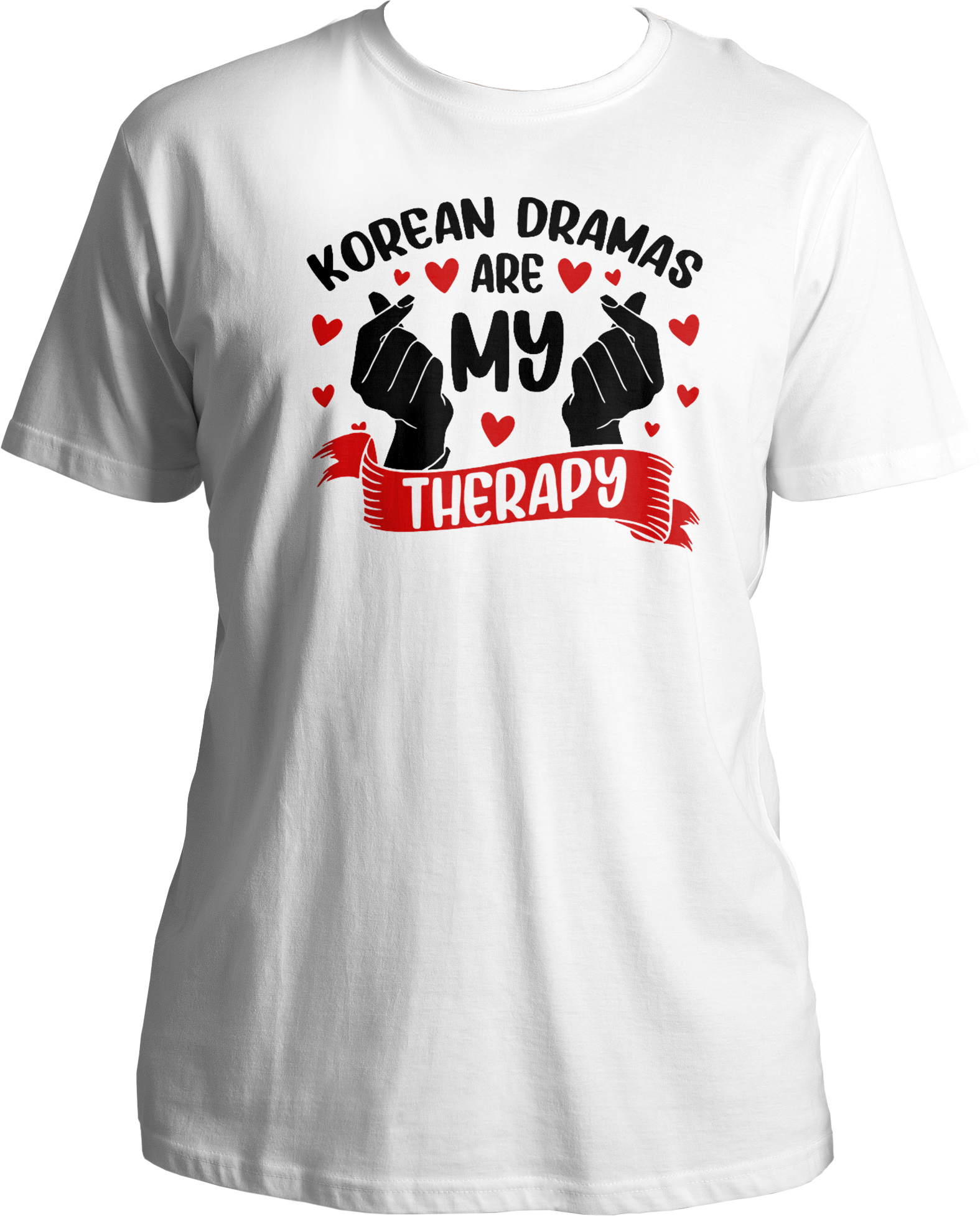 A stylish unisex t-shirt with the phrase "Korean Dramas Are My Therapy" printed on the front, perfect for K-Drama enthusiasts.