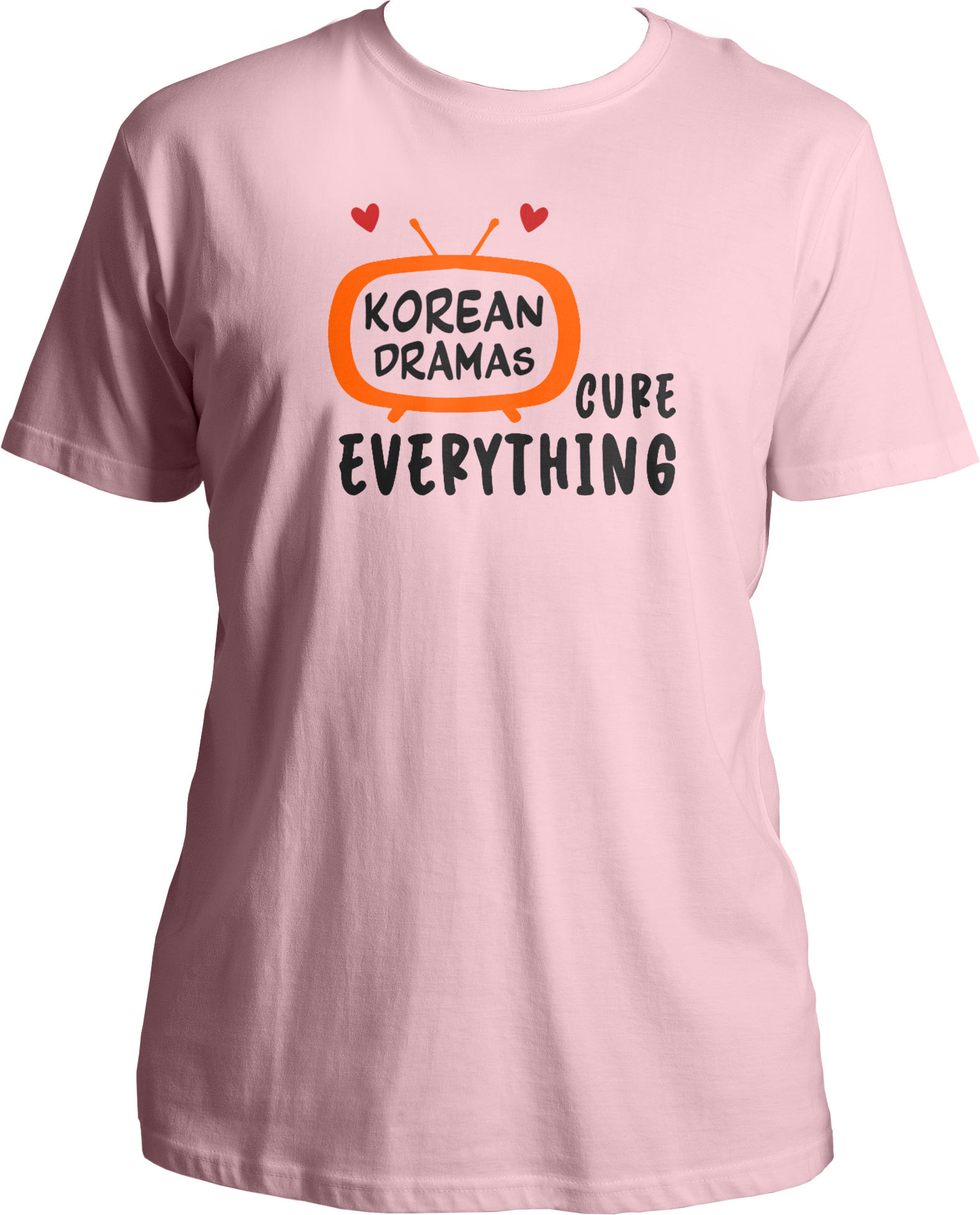 A unisex t-shirt displaying a TV graphic with "Korean Drama" inside and "cures everything" written outside, perfect for K-Drama fans.