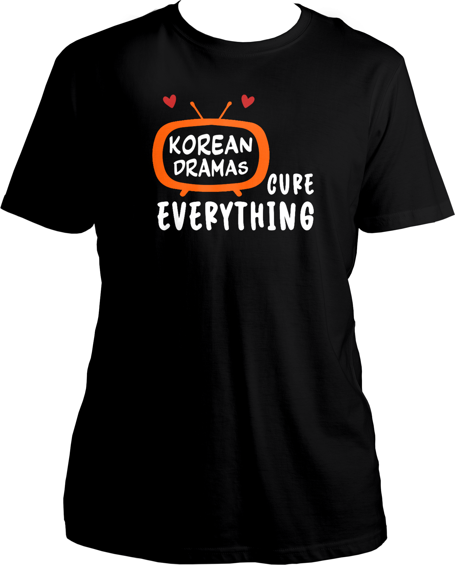 A unisex t-shirt displaying a TV graphic with "Korean Drama" inside and "cures everything" written outside, perfect for K-Drama fans.