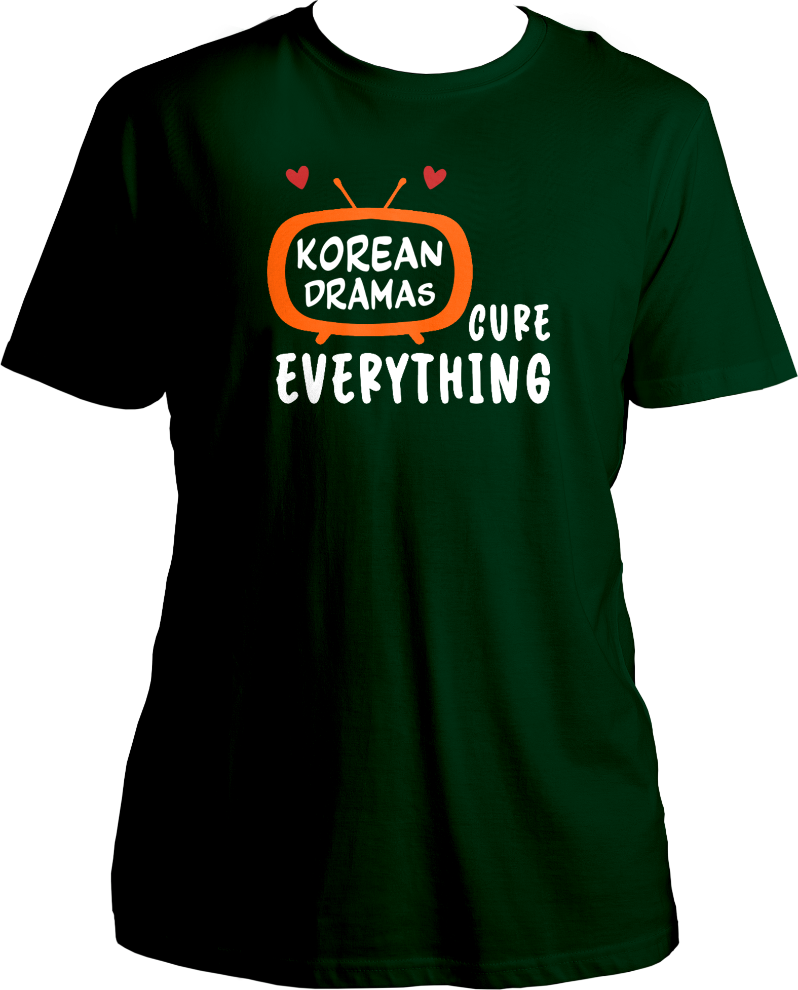 A unisex t-shirt displaying a TV graphic with "Korean Drama" inside and "cures everything" written outside, perfect for K-Drama fans.