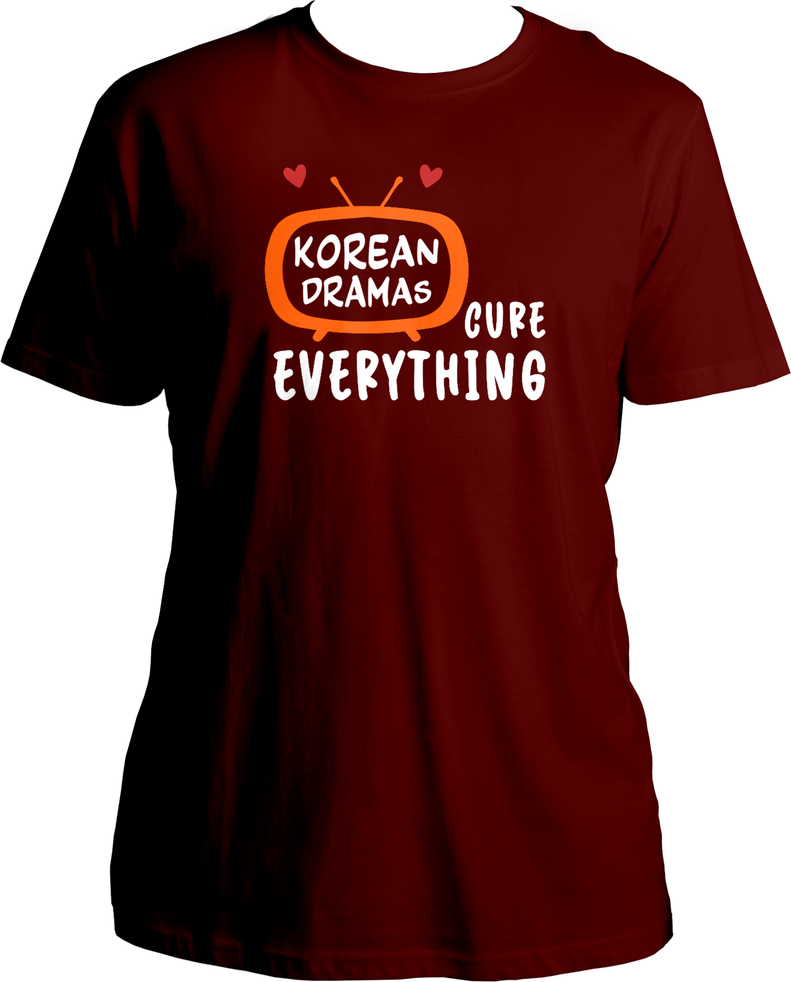 A unisex t-shirt displaying a TV graphic with "Korean Drama" inside and "cures everything" written outside, perfect for K-Drama fans.