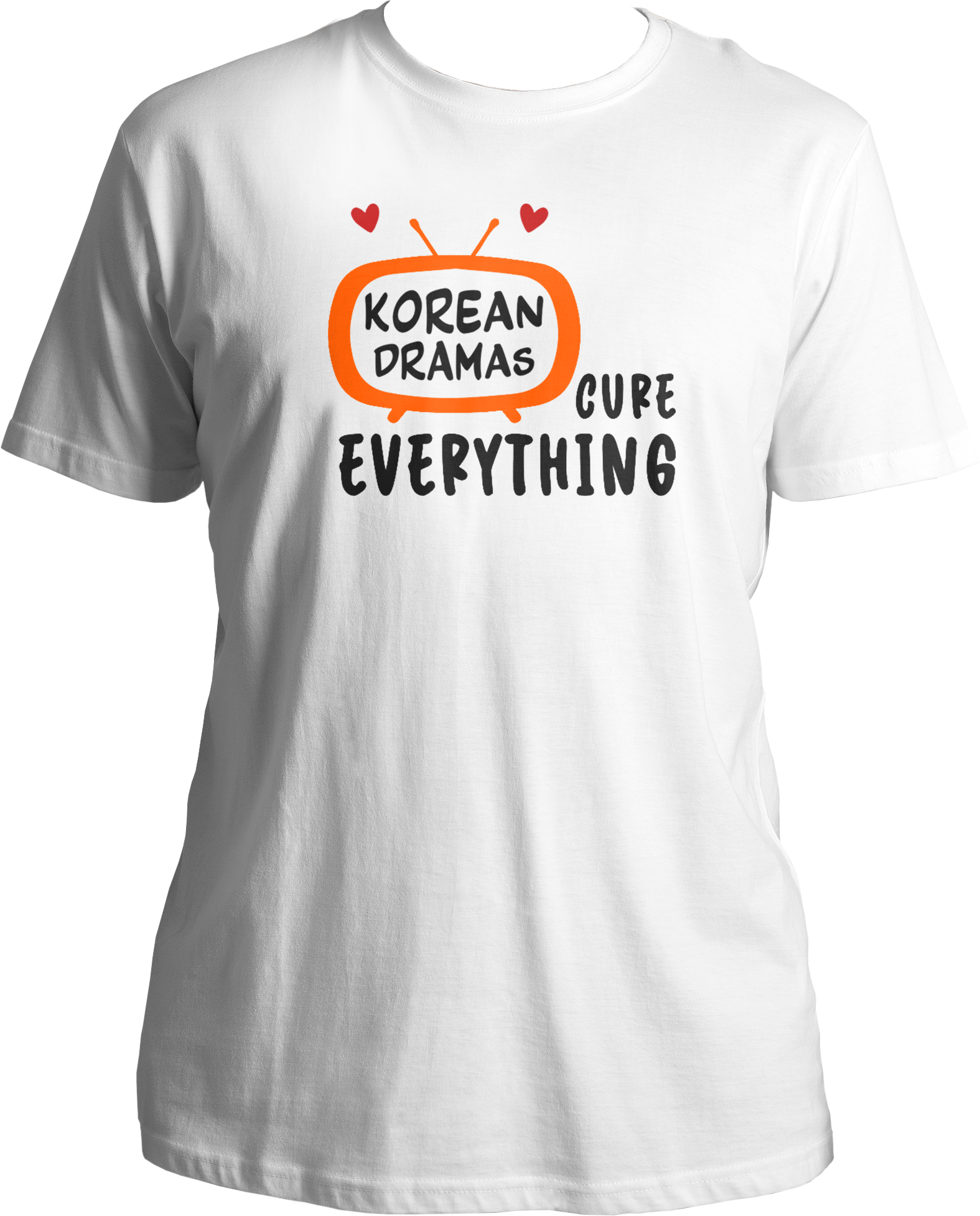 A unisex t-shirt displaying a TV graphic with "Korean Drama" inside and "cures everything" written outside, perfect for K-Drama fans.