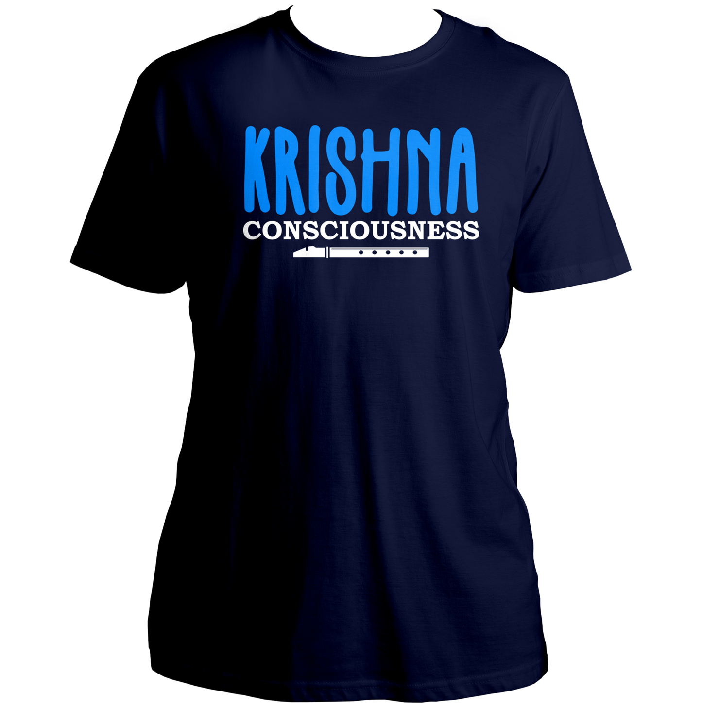 Navy Blue Krishna Consciousness T-shirt with devotional flute artwork by Garrari