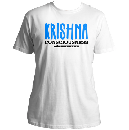 White Krishna Consciousness T-shirt with bold Krishna text print by Garrari