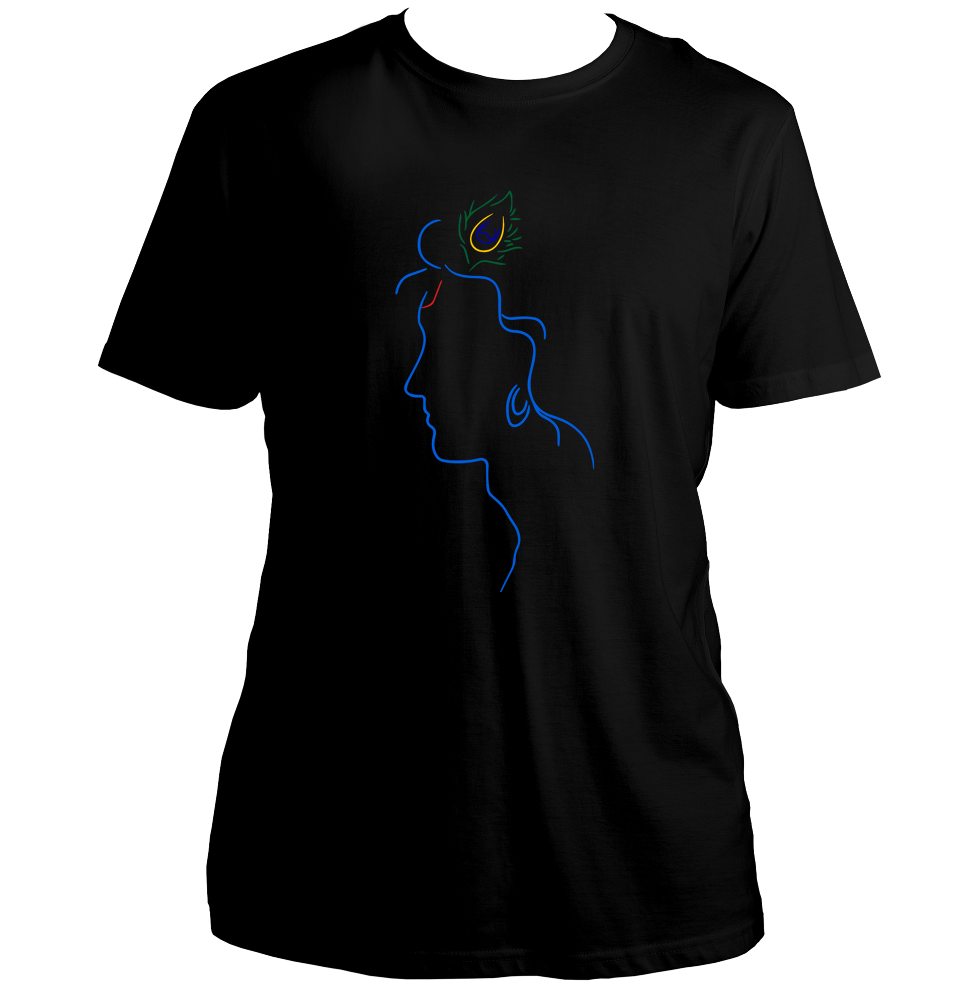 Black Shri Krishna T-shirt with minimal peacock feather artwork by Garrari