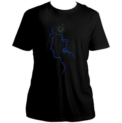 Black Shri Krishna T-shirt with minimal peacock feather artwork by Garrari