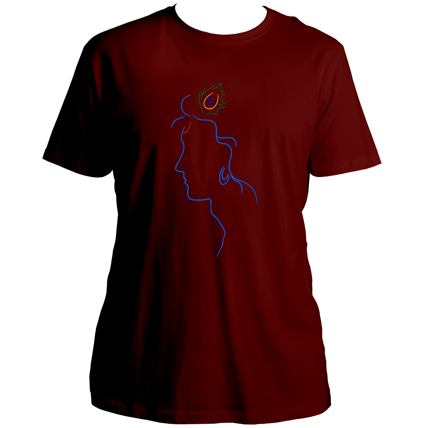 Maroon Shri Krishna T-shirt with peacock feather devotional print by Garrari