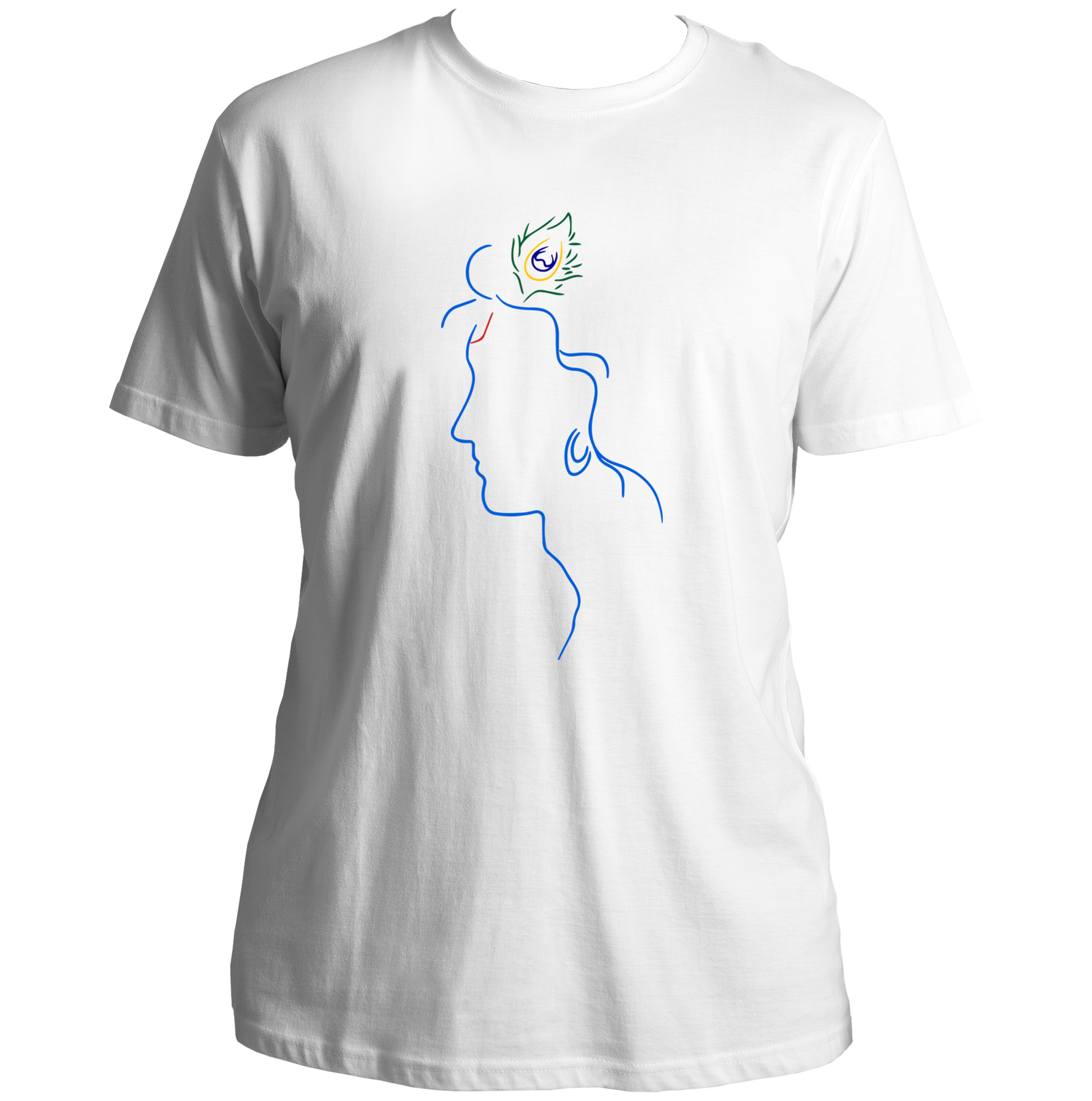White Shri Krishna T-shirt with minimal Krishna bhakti artwork by Garrari