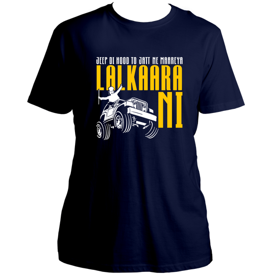 Navy Blue Lalkaara Diljit Dosanjh Unisex T-Shirt by Garrari with yellow typography and white Jeep graphic