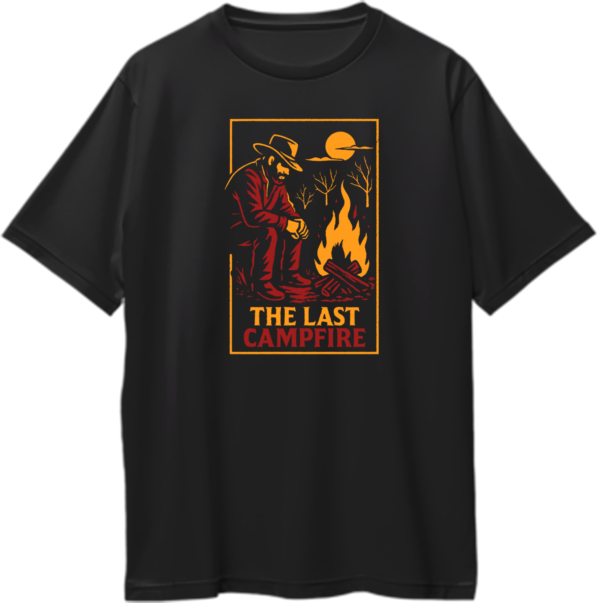 Black oversized t-shirt featuring Arthur Morgan sitting beside a glowing campfire with sunset tones and the text “The Last Campfire” – Garrari Brand.