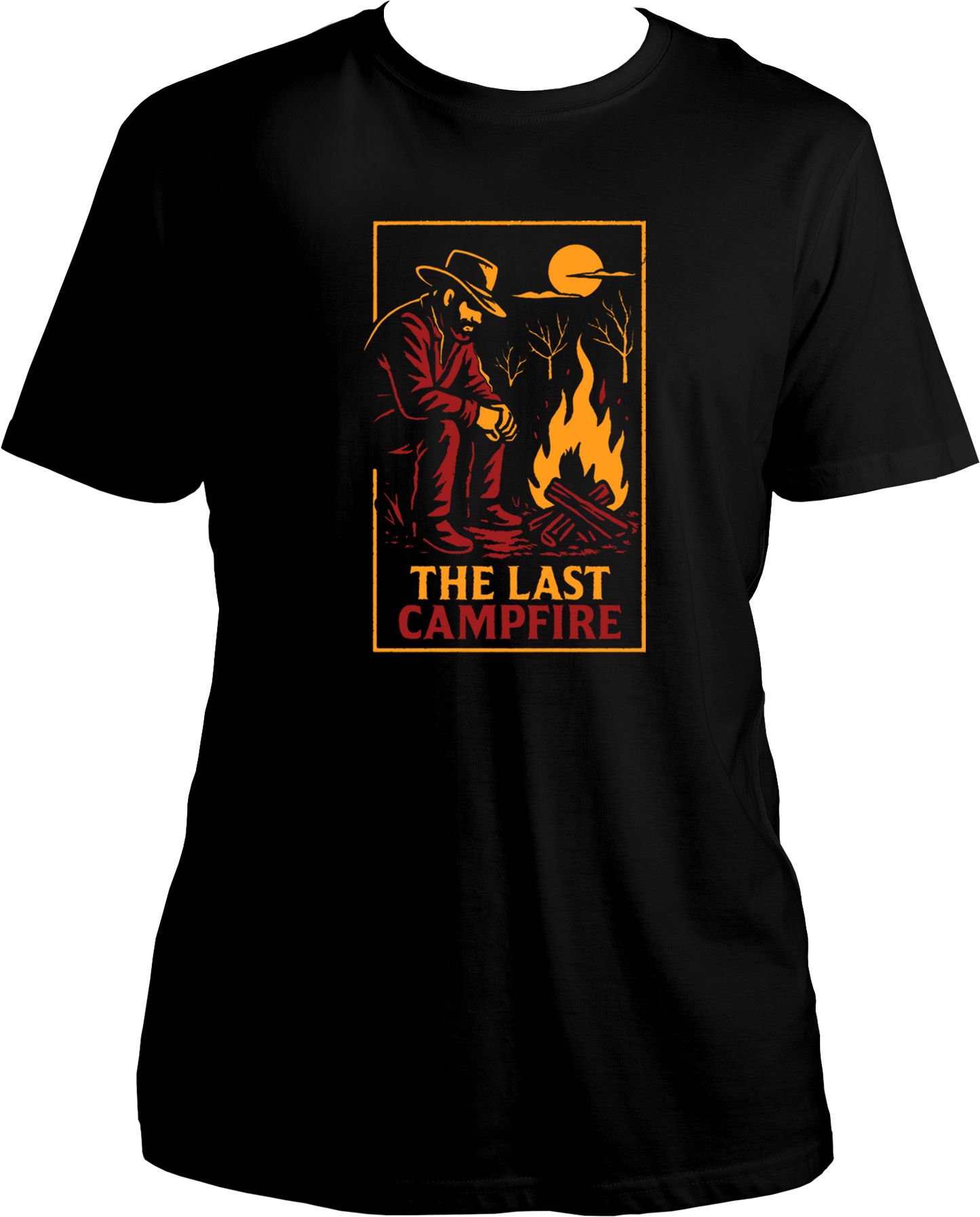 Black t-shirt featuring Arthur Morgan sitting near a glowing campfire under the moon with text “The Last Campfire” – Garrari Brand.