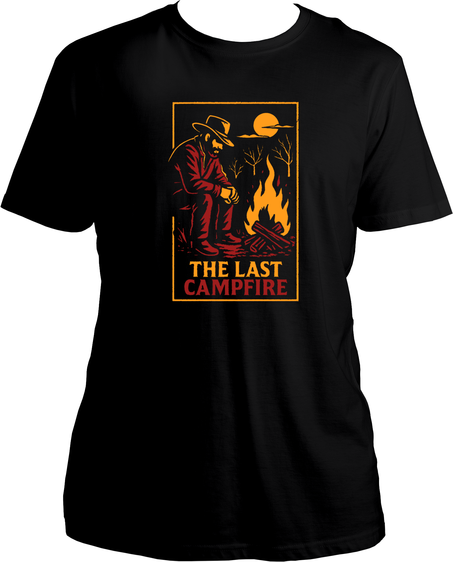 Black t-shirt featuring Arthur Morgan sitting near a glowing campfire under the moon with text “The Last Campfire” – Garrari Brand.