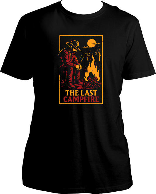 Black t-shirt featuring Arthur Morgan sitting near a glowing campfire under the moon with text “The Last Campfire” – Garrari Brand.