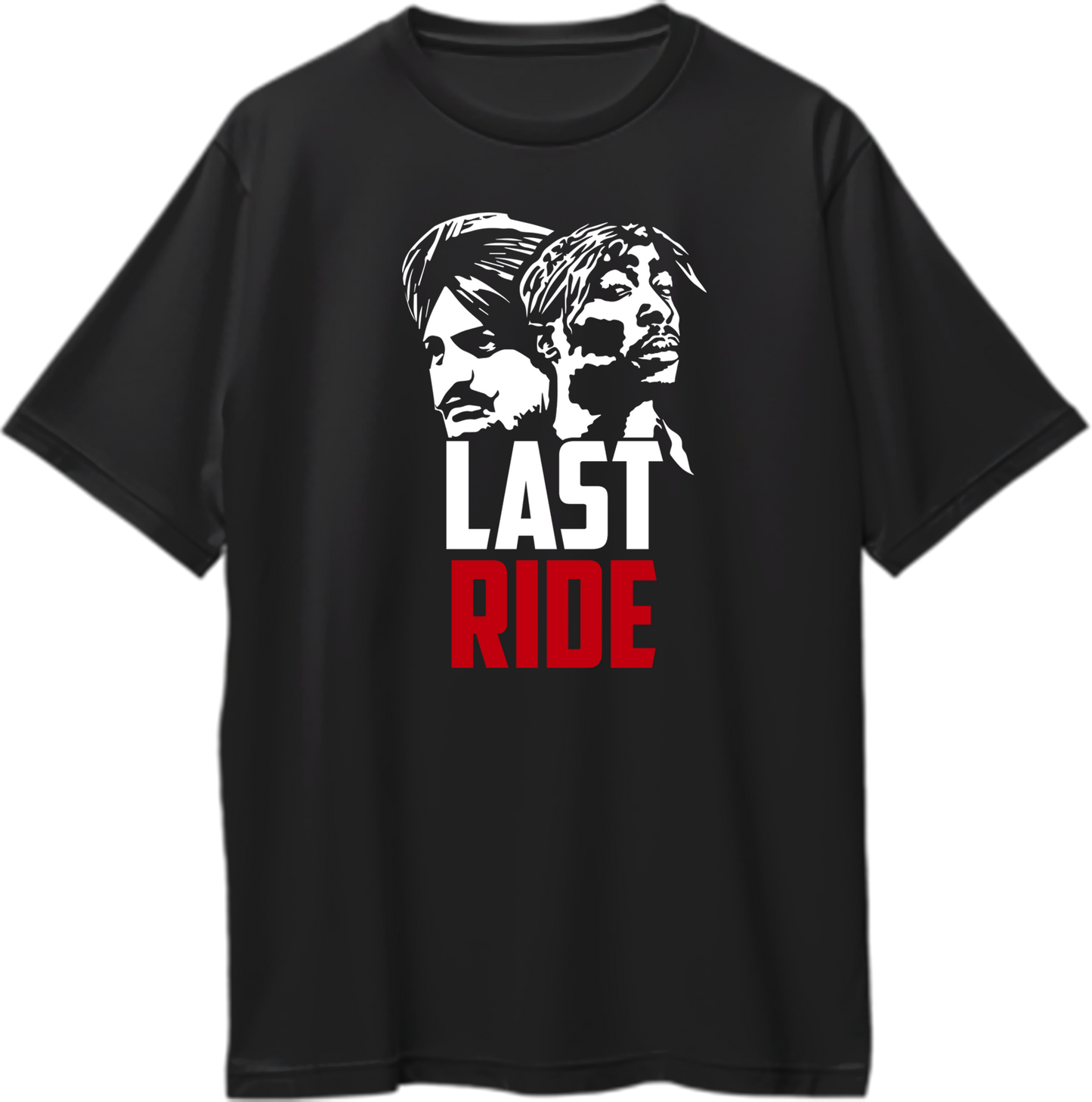 "Front view of Last Ride Sidhu Moose Wala and Tupac oversized unisex t-shirt in black."