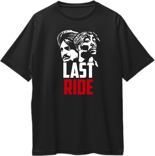 "Front view of Last Ride Sidhu Moose Wala and Tupac oversized unisex t-shirt in black."