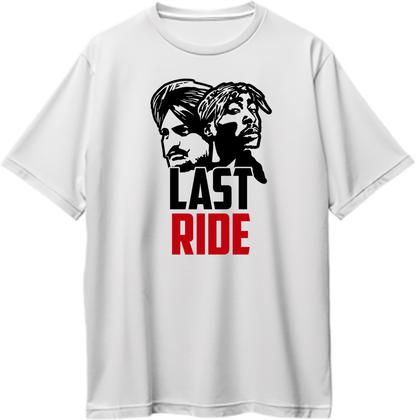 "Front view of Last Ride Sidhu Moose Wala and Tupac oversized unisex t-shirt in black."