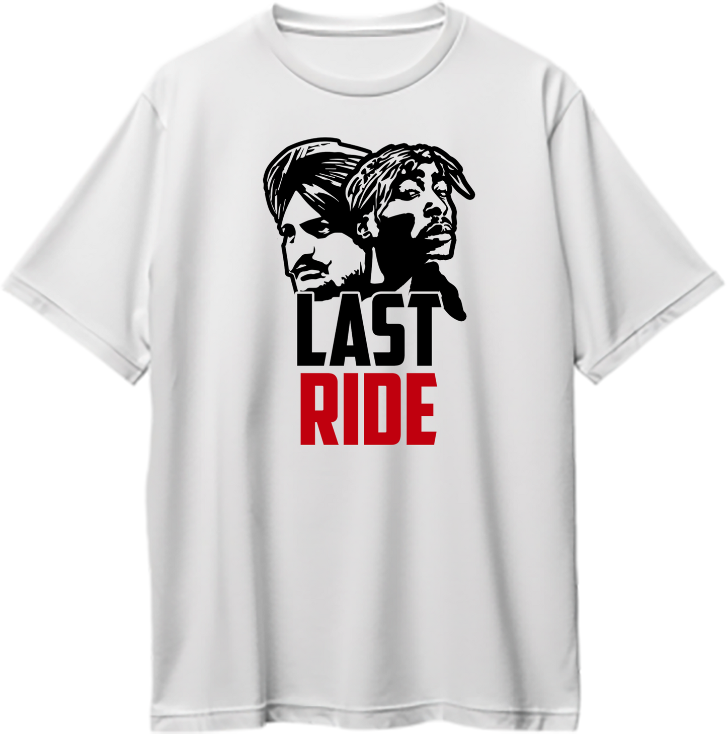 "Front view of Last Ride Sidhu Moose Wala and Tupac oversized unisex t-shirt in black."