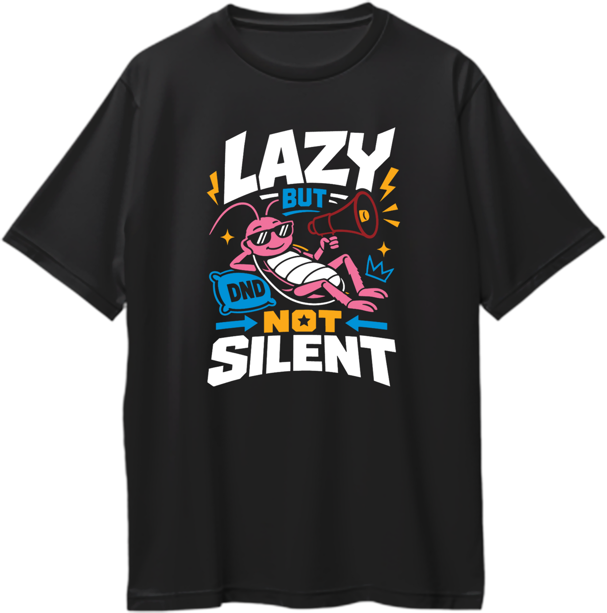 Lazy But Not Silent cockroach oversized black T-shirt with megaphone graphic by Garrari