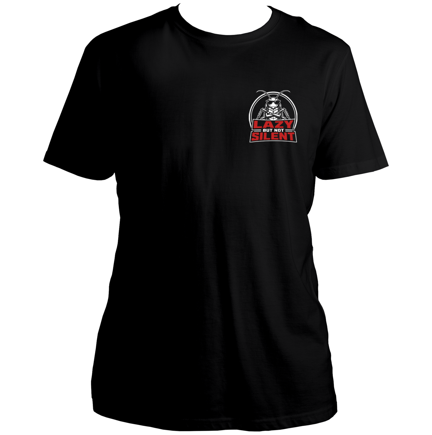 Lazy But Not Silent Cockroach Badge unisex black T-shirt with red and white chest graphic by Garrari