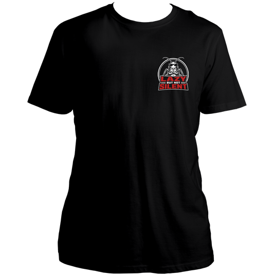 Lazy But Not Silent Cockroach Badge unisex black T-shirt with red and white chest graphic by Garrari