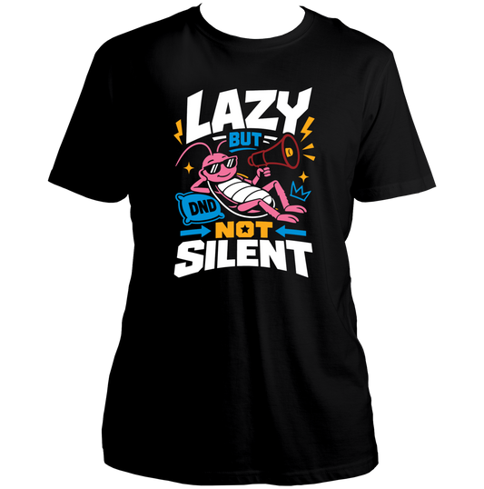 Lazy But Not Silent cockroach unisex black T-shirt with colourful megaphone graphic by Garrari