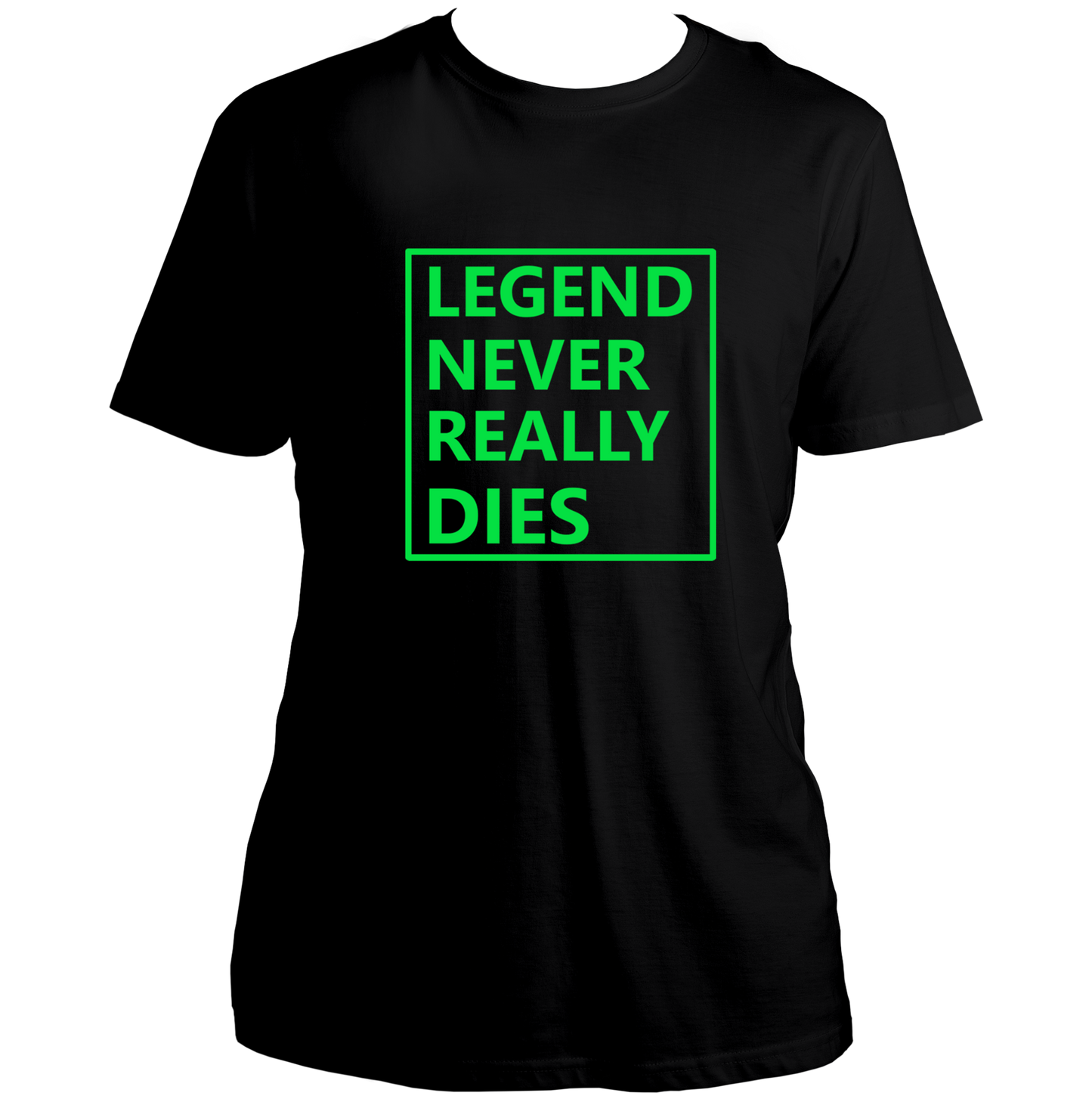 Black Legend Never Really Dies Unisex T-Shirt with green typography print by Garrari