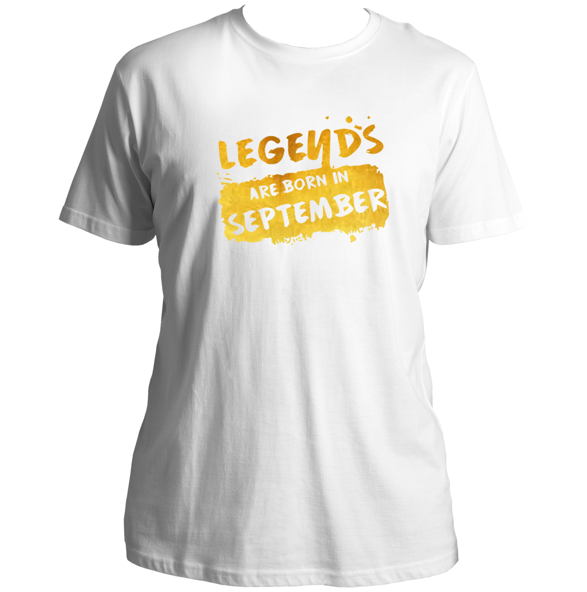 White Legends Are Born In September Unisex T-Shirt by Garrari with golden September birthday statement graphic