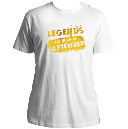White Legends Are Born In September Unisex T-Shirt by Garrari with golden September birthday statement graphic
