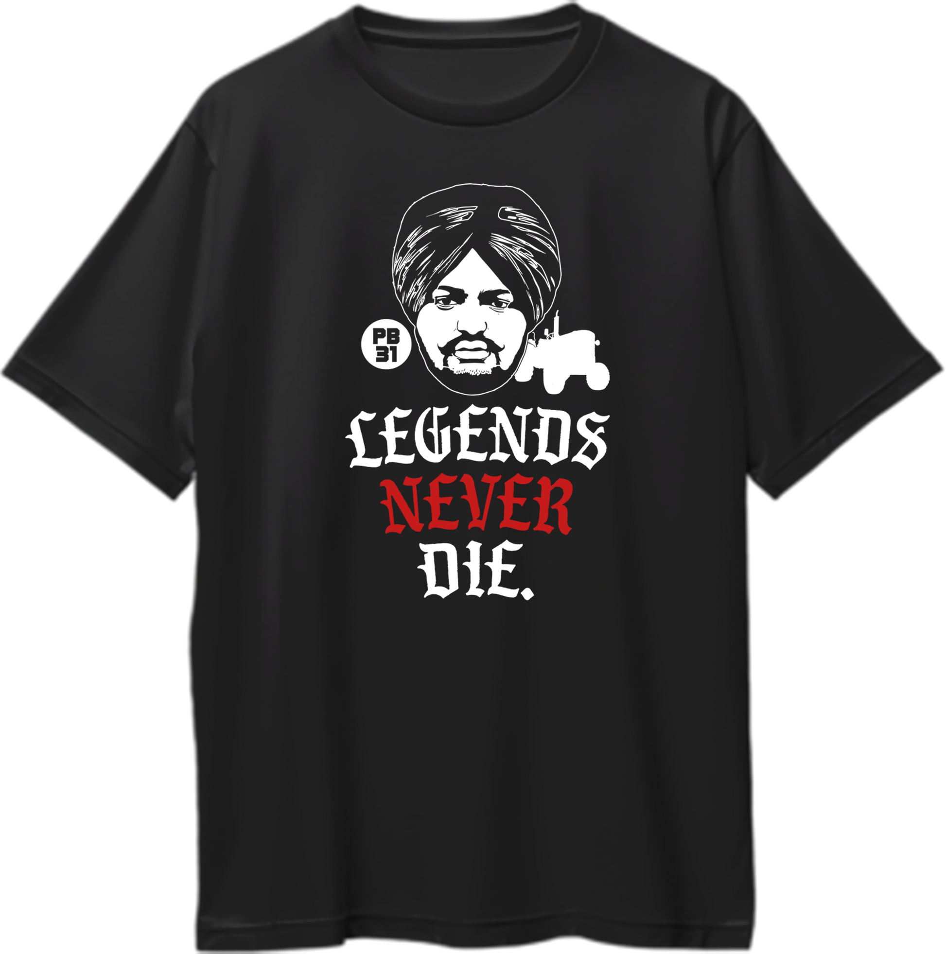 "Front view of Legends Never Die Sidhu Moose Wala oversized unisex t-shirt in black."