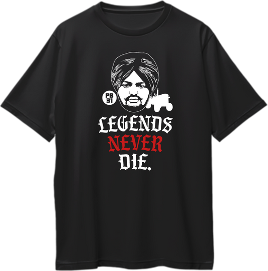 "Front view of Legends Never Die Sidhu Moose Wala oversized unisex t-shirt in black."