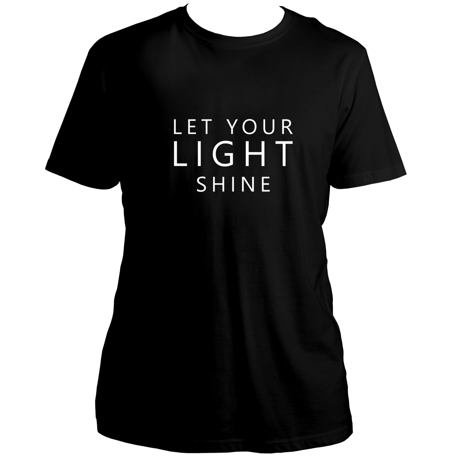 Black Let Your Light Shine Unisex T-Shirt with white motivational typography by Garrari