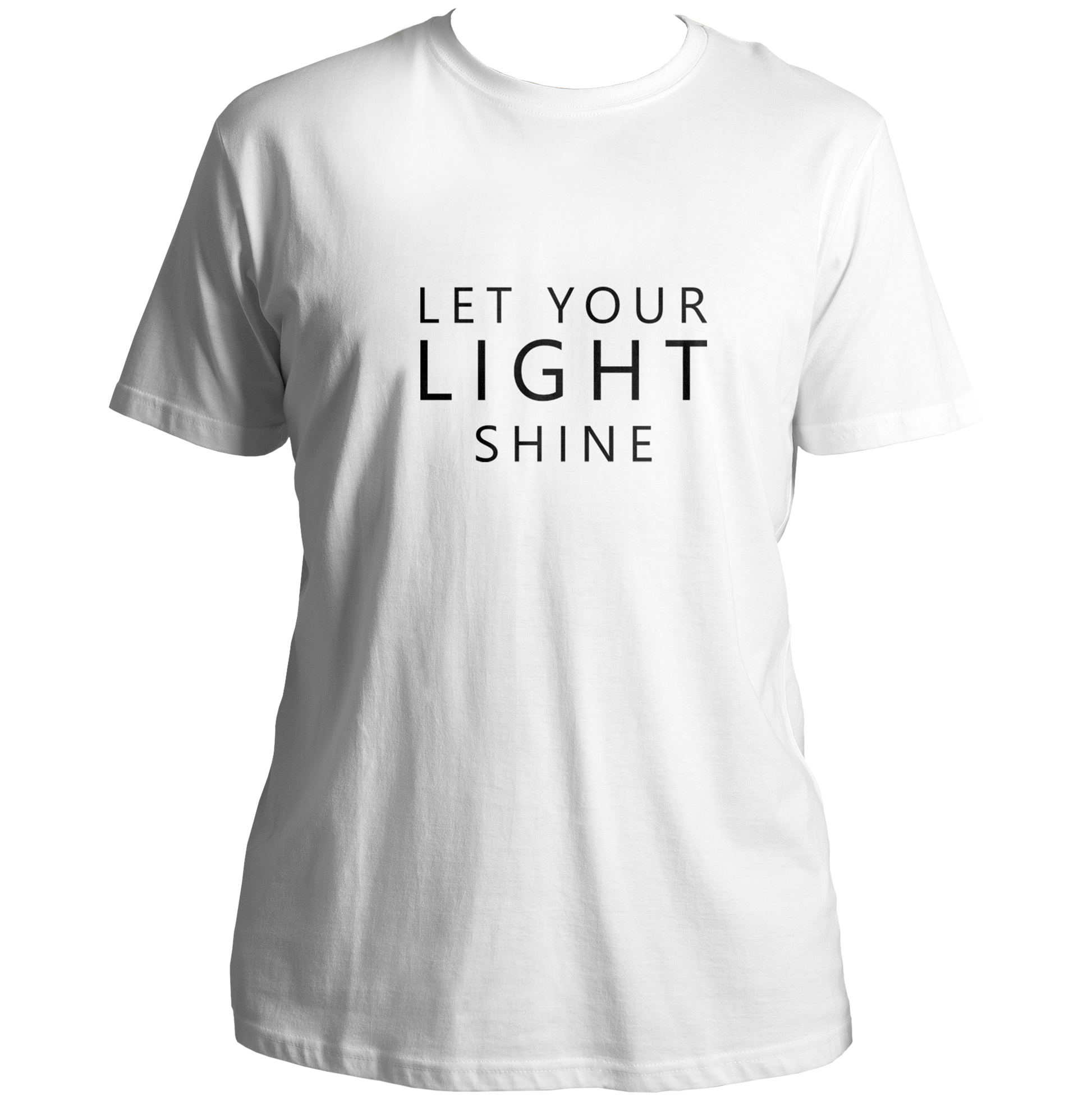 White Let Your Light Shine Unisex T-Shirt with minimal motivational quote design by Garrari