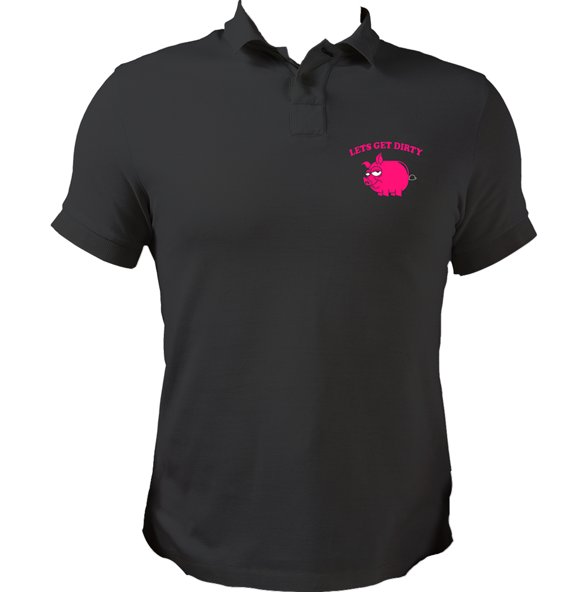Black Let’s Get Dirty Unisex Polo with pink pig graphic and cheeky chest print by Garrari