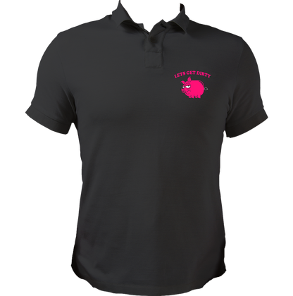Black Let’s Get Dirty Unisex Polo with pink pig graphic and cheeky chest print by Garrari