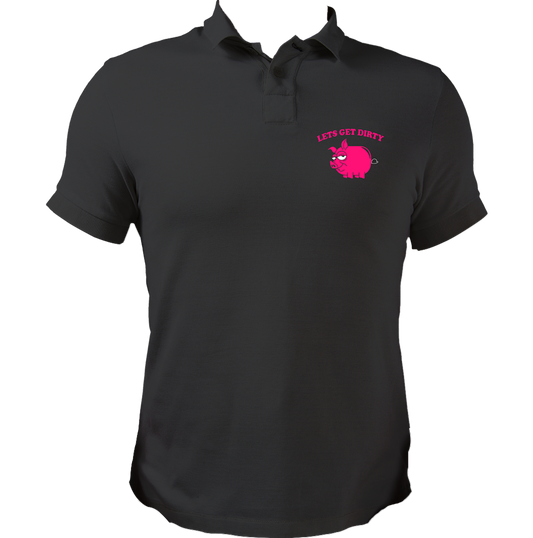 Black Let’s Get Dirty Unisex Polo with pink pig graphic and cheeky chest print by Garrari