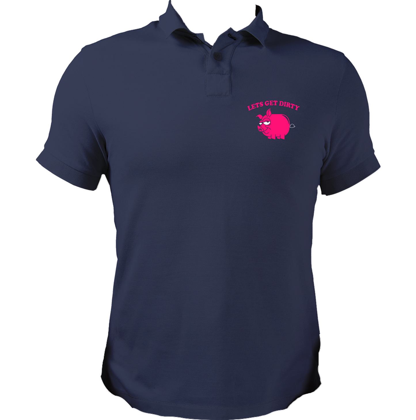 Navy Blue Let’s Get Dirty Unisex Polo with funny pig artwork and playful text by Garrari