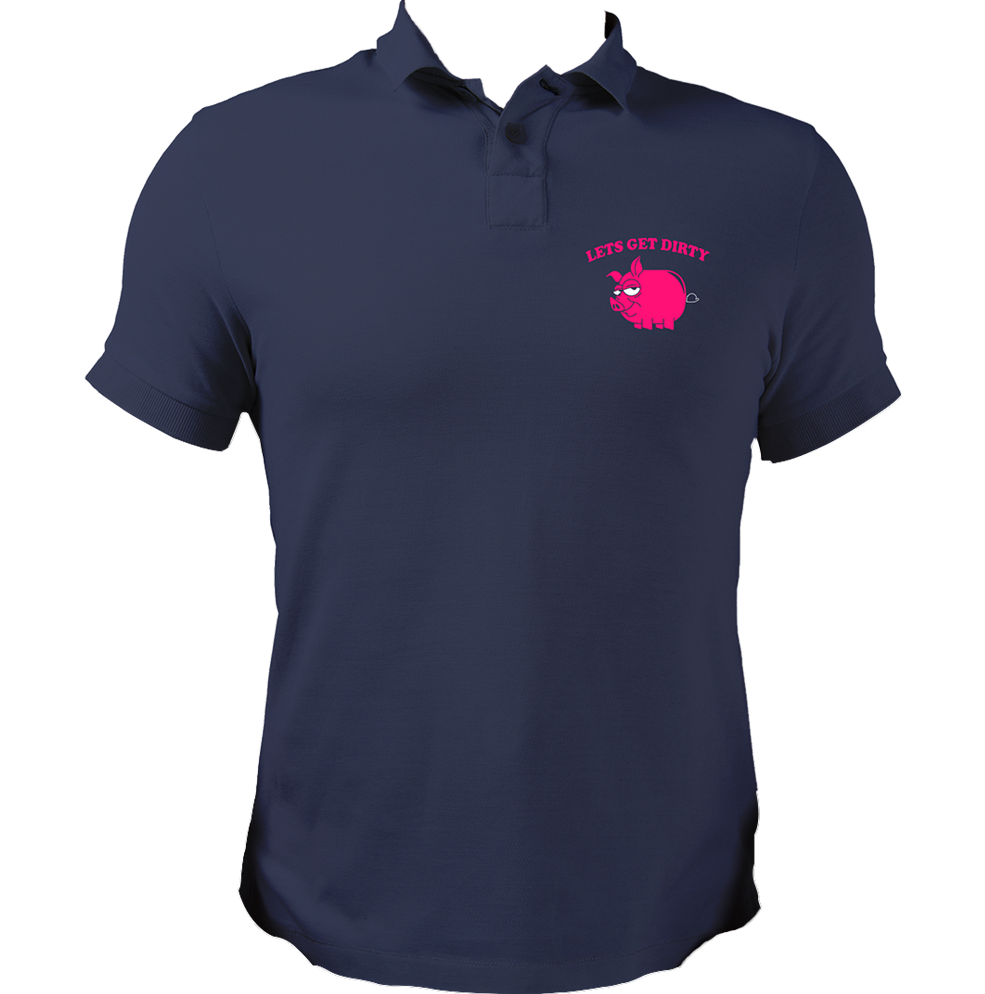 Navy Blue Let’s Get Dirty Unisex Polo with funny pig artwork and playful text by Garrari