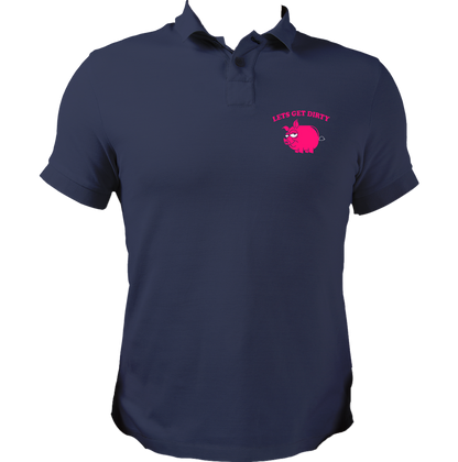 Navy Blue Let’s Get Dirty Unisex Polo with funny pig artwork and playful text by Garrari