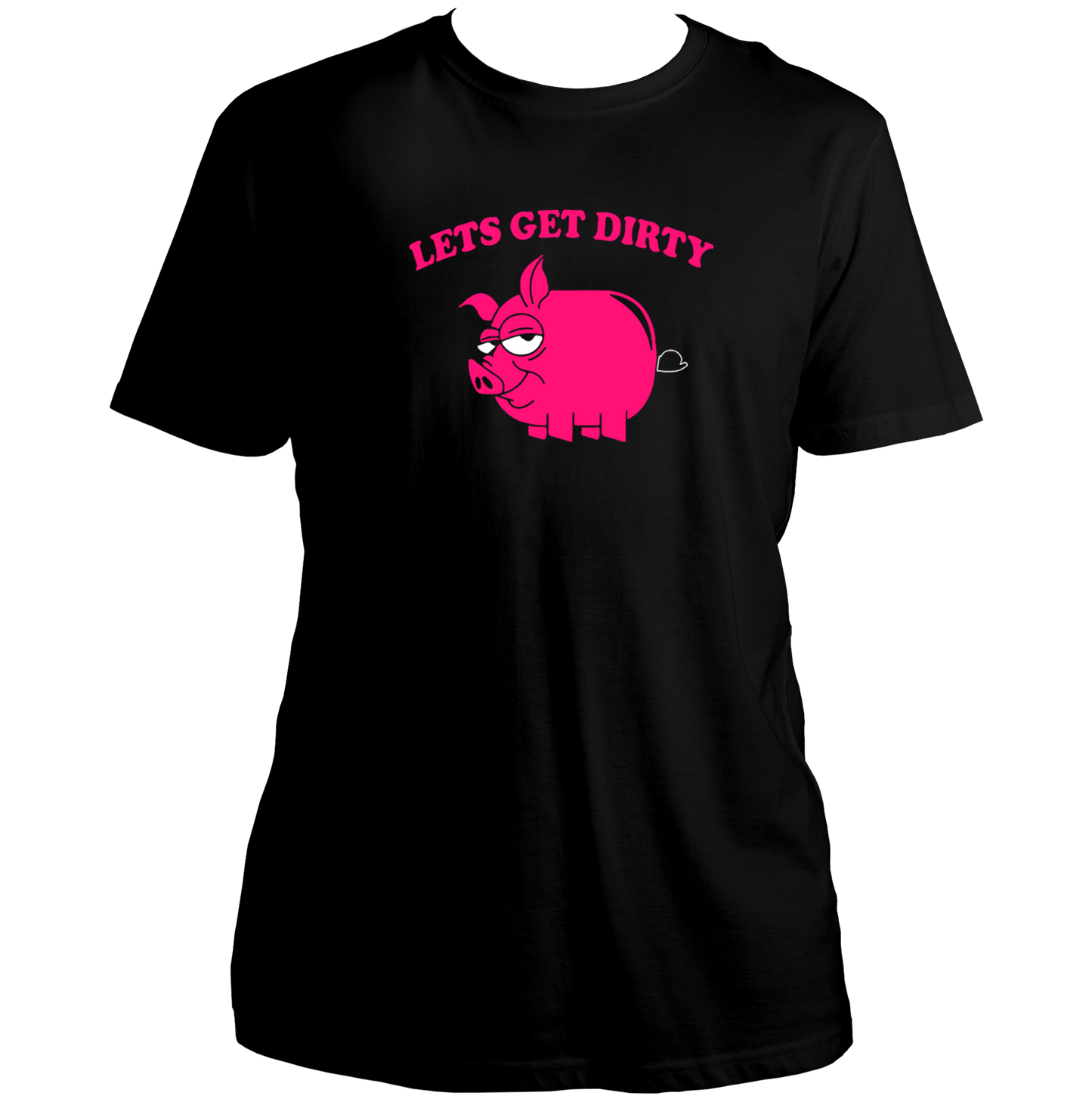Black Let’s Get Dirty Unisex T-Shirt with pink pig graphic and cheeky quote by Garrari