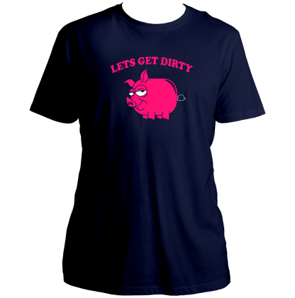 Navy Blue Let’s Get Dirty Unisex T-Shirt with funny pig artwork and playful text by Garrari