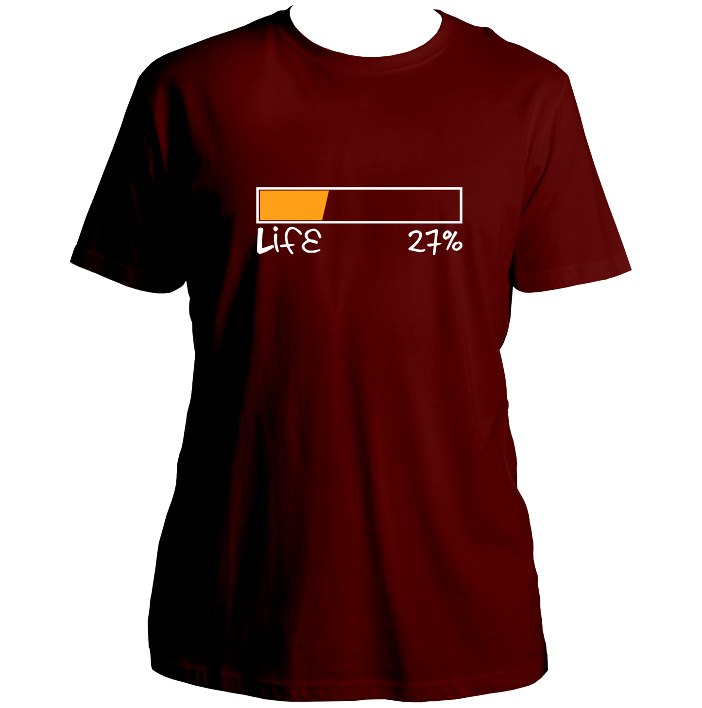 Maroon Life 27% Unisex T-Shirt with low battery graphic and relatable quote by Garrari