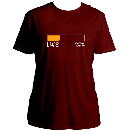 Maroon Life 27% Unisex T-Shirt with low battery graphic and relatable quote by Garrari