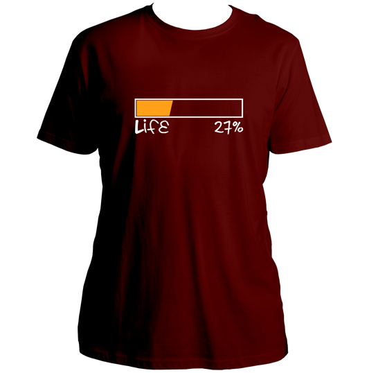 Maroon Life 27% Unisex T-Shirt with low battery graphic and relatable quote by Garrari
