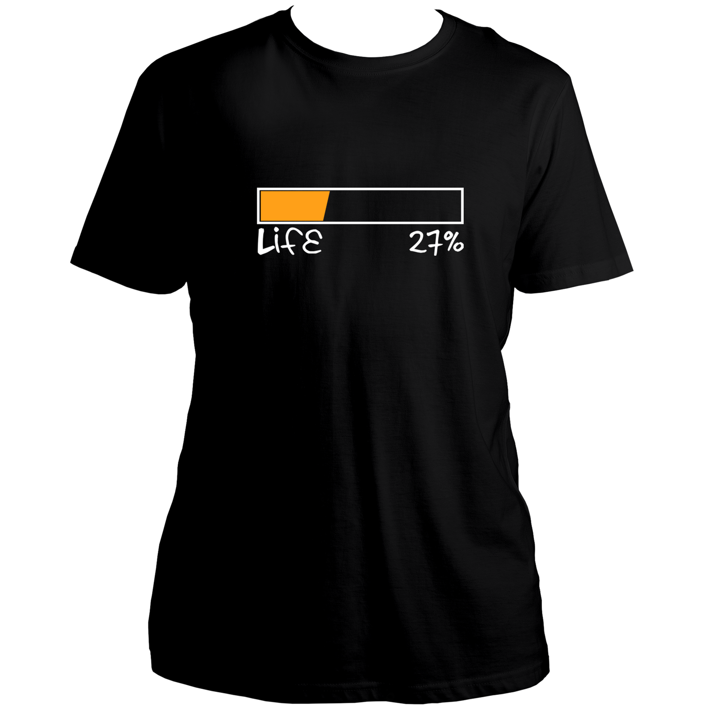 Black Life 27% Unisex T-Shirt with funny low battery life print by Garrari
