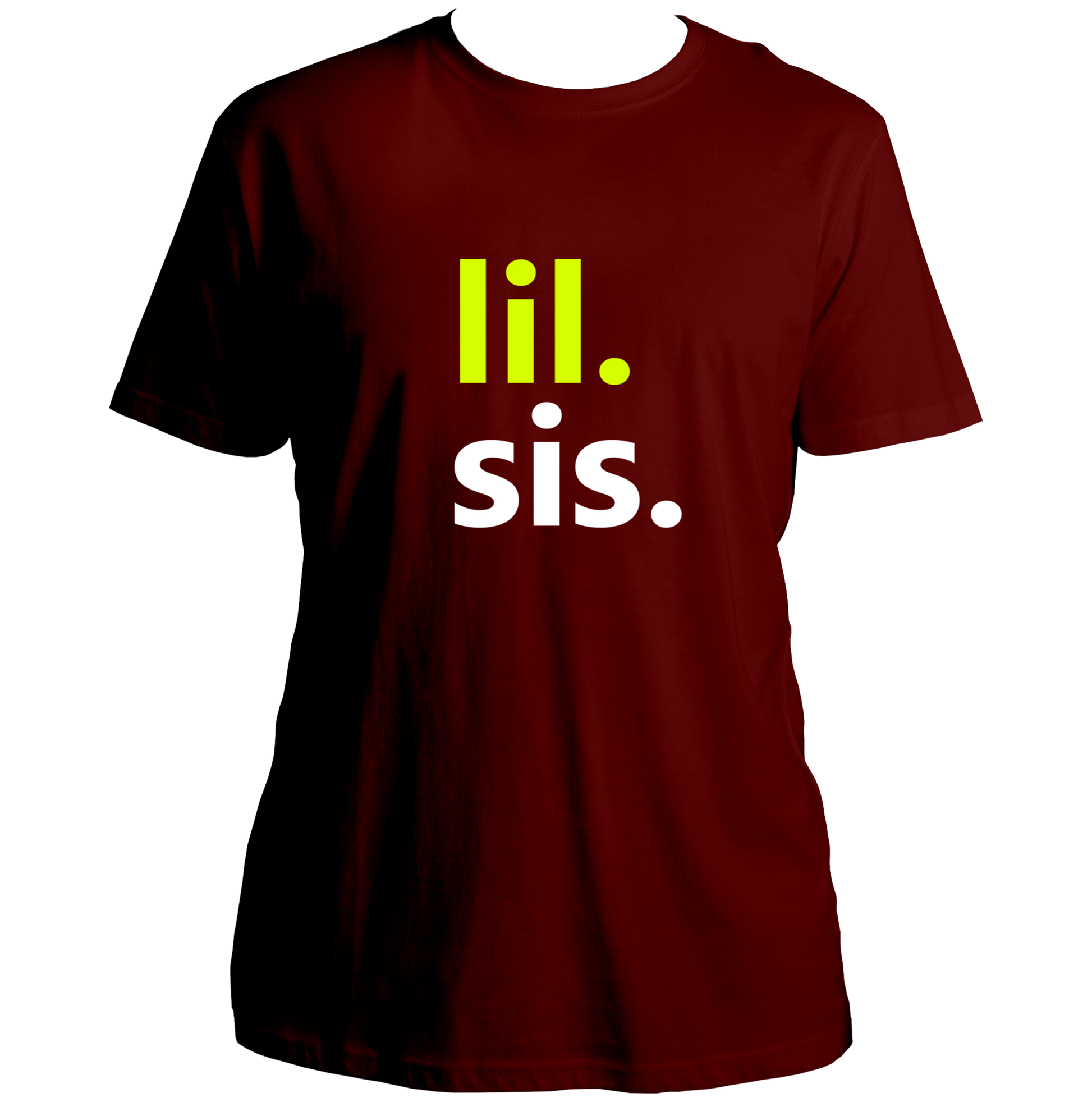 Maroon Lil Sis Unisex T-Shirt by Garrari with contrast younger sister statement typography print