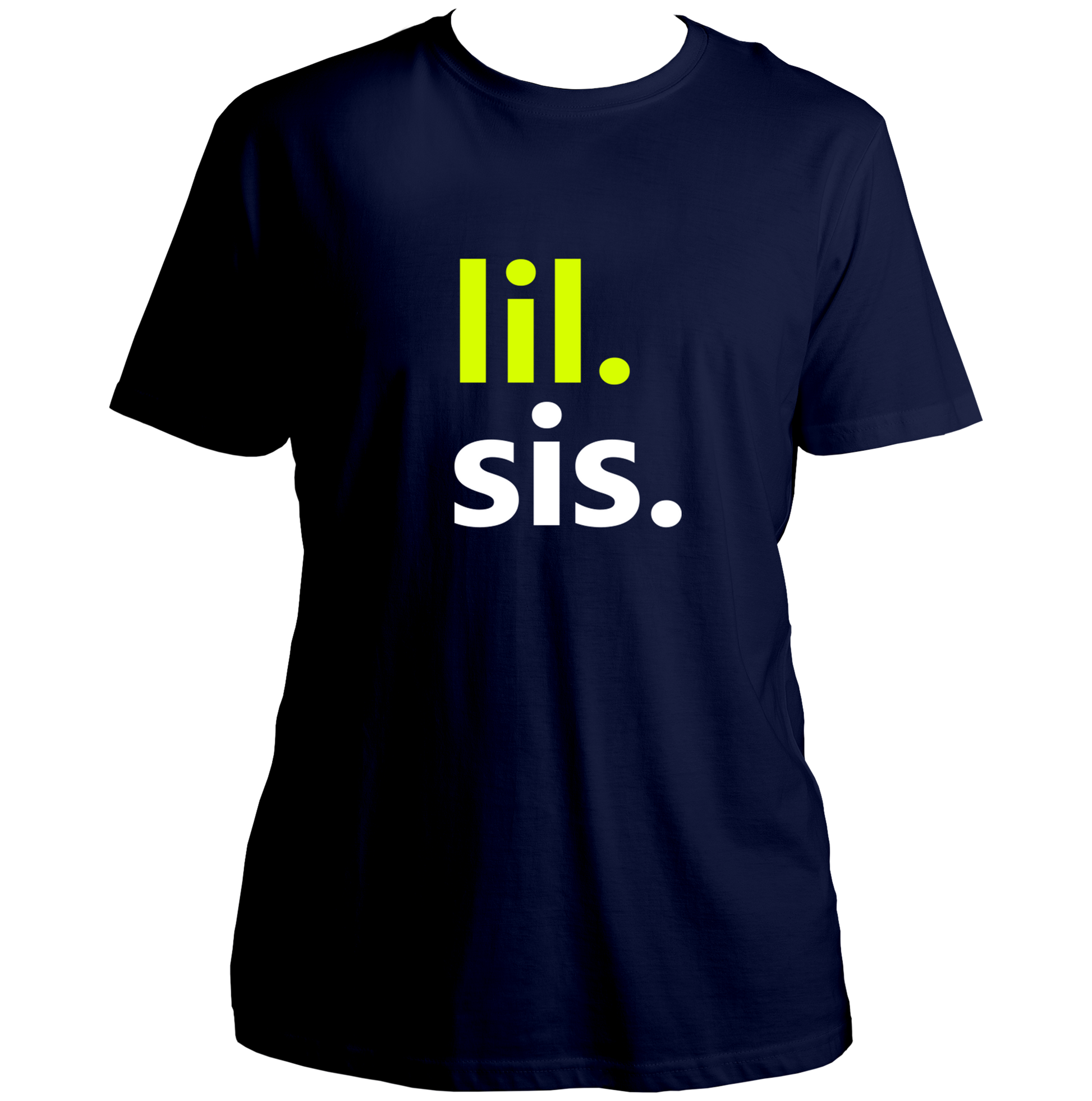 Navy Blue Lil Sis Unisex T-Shirt by Garrari with neon green and white younger sister typography print