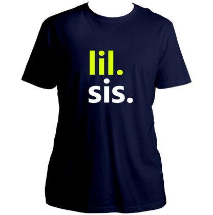 Navy Blue Lil Sis Unisex T-Shirt by Garrari with neon green and white younger sister typography print