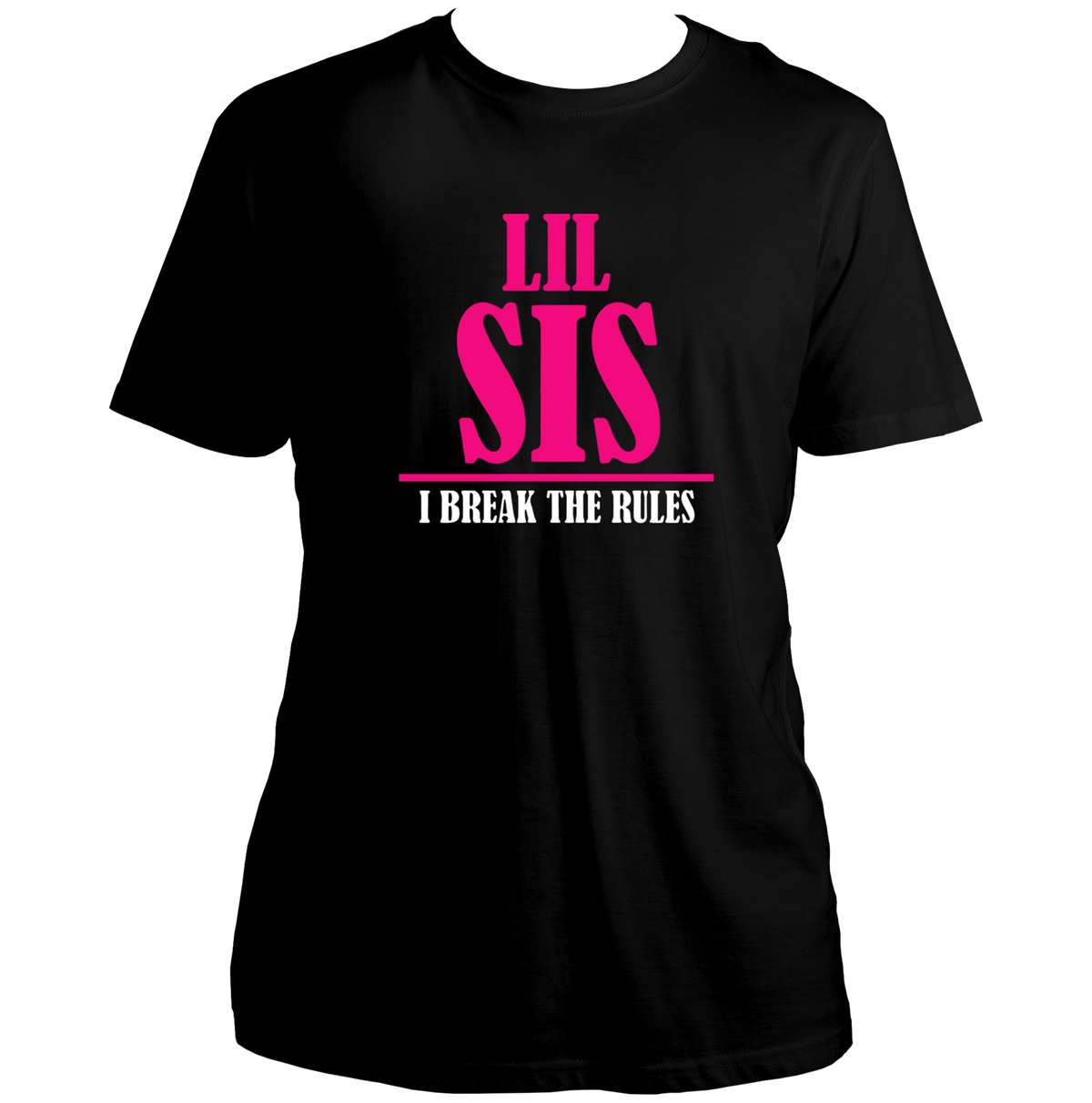 Black Lil Sis I Break The Rules Unisex T-Shirt by Garrari with contrast younger sister statement graphic