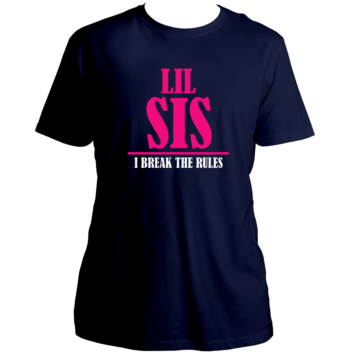 Navy Blue Lil Sis I Break The Rules Unisex T-Shirt by Garrari with contrast younger sister statement print